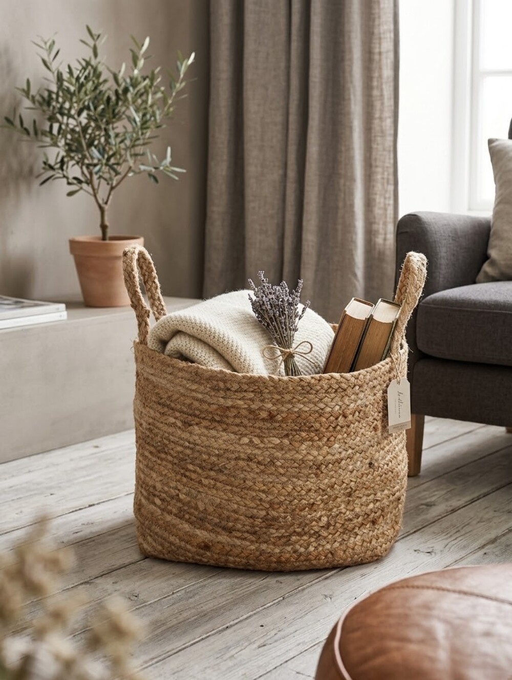 Natural Woven Jute Storage Basket with Handles